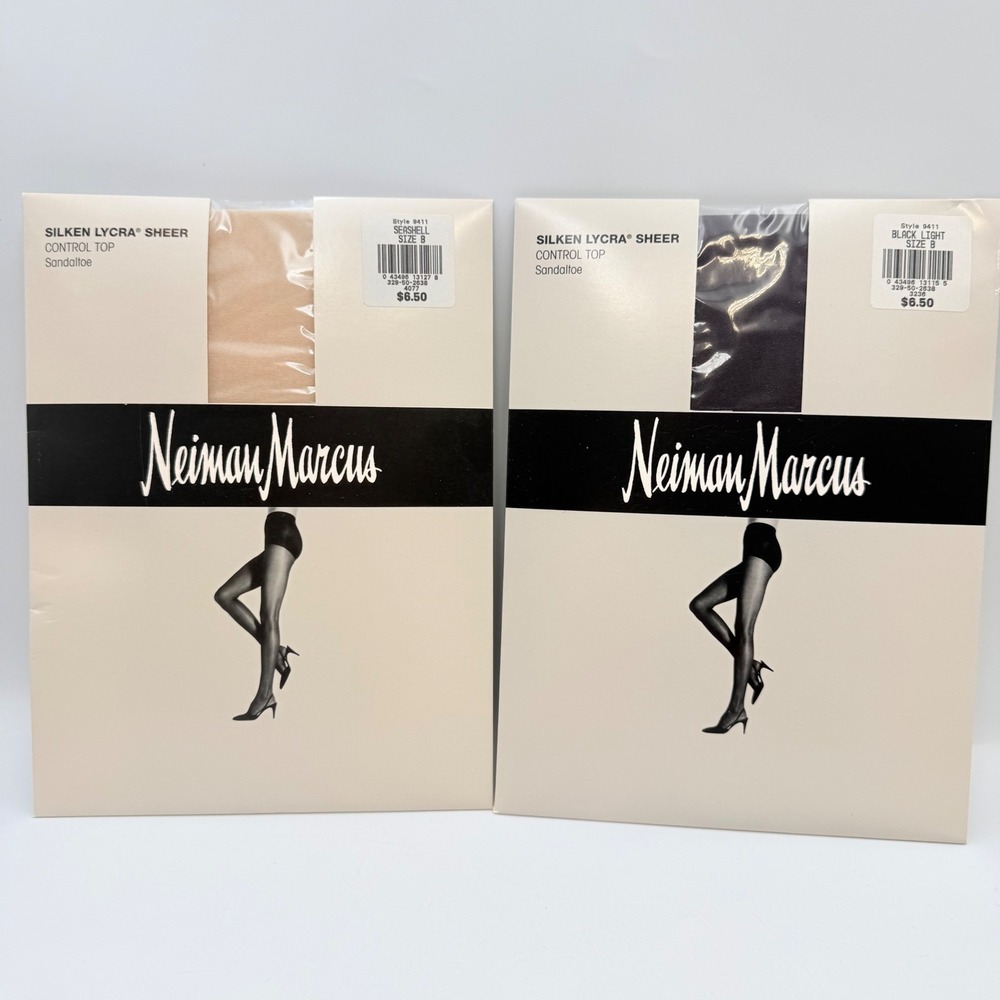 Neiman Marcus 2pk Silken Lycra Sheer Control Top Pantyhose Sandaltoe Size B 9411